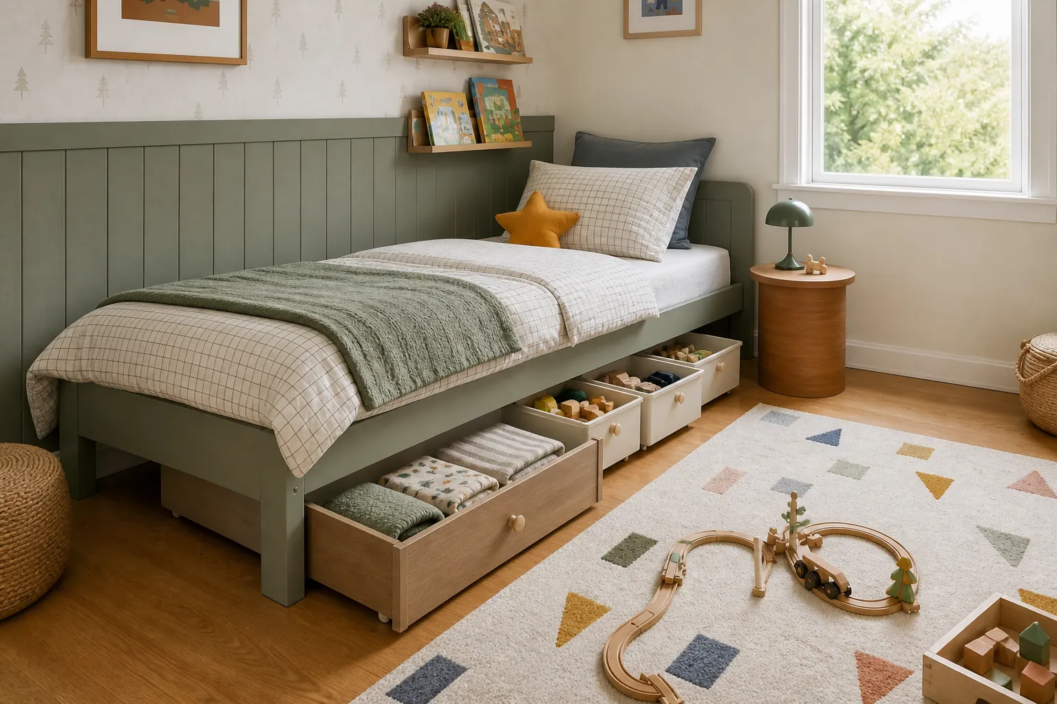 Under-bed drawers and shallow bins storing kids clothes and toys in a small bedroom