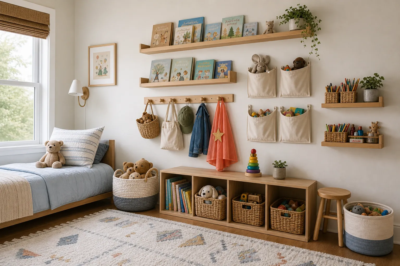 Small kids room wall storage with shelves, hooks, and baskets instead of bulky furniture