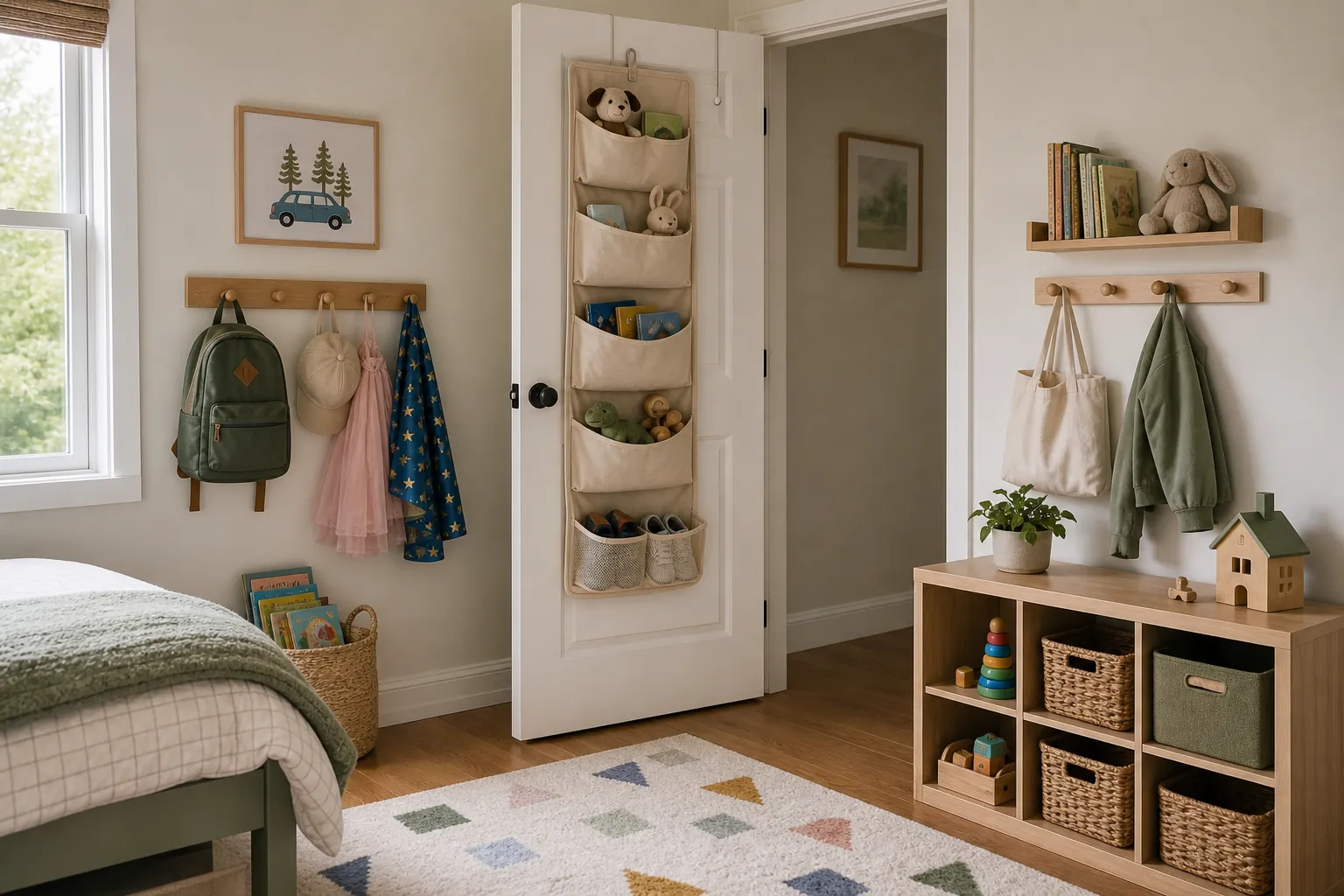 Behind-the-door storage pockets and hooks in a small kids bedroom