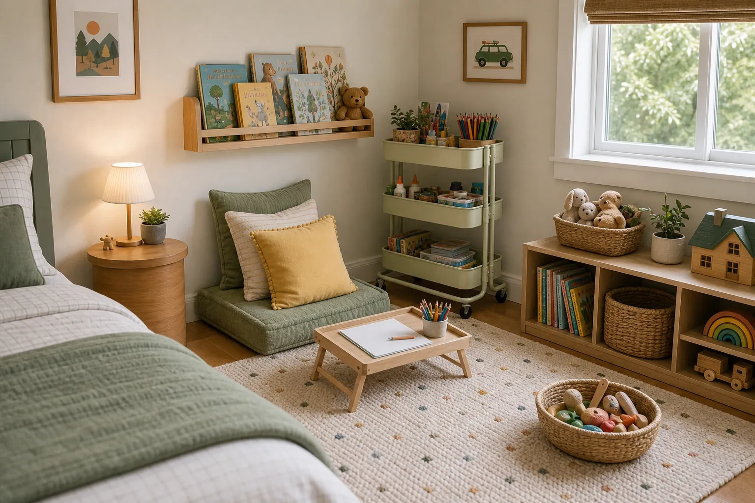 Compact play corner with a slim rolling cart and floor cushions in a small kids room