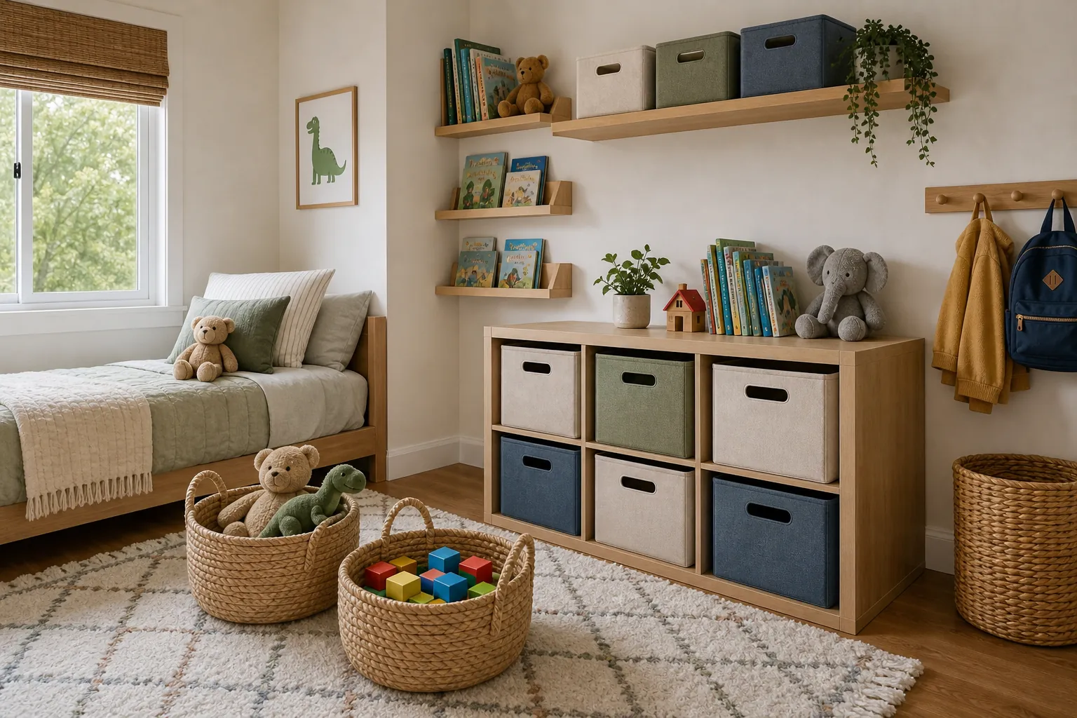 Small labeled-looking toy bins for toy rotation in a compact kids bedroom