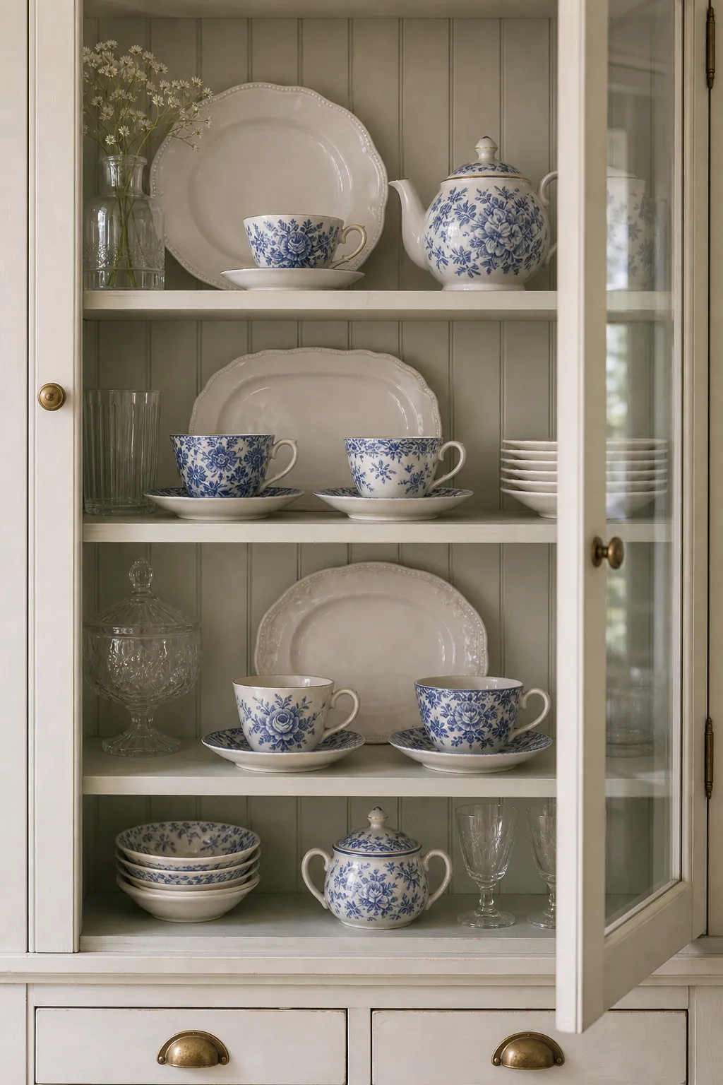 Blue and white teacups arranged in a glass front hutch