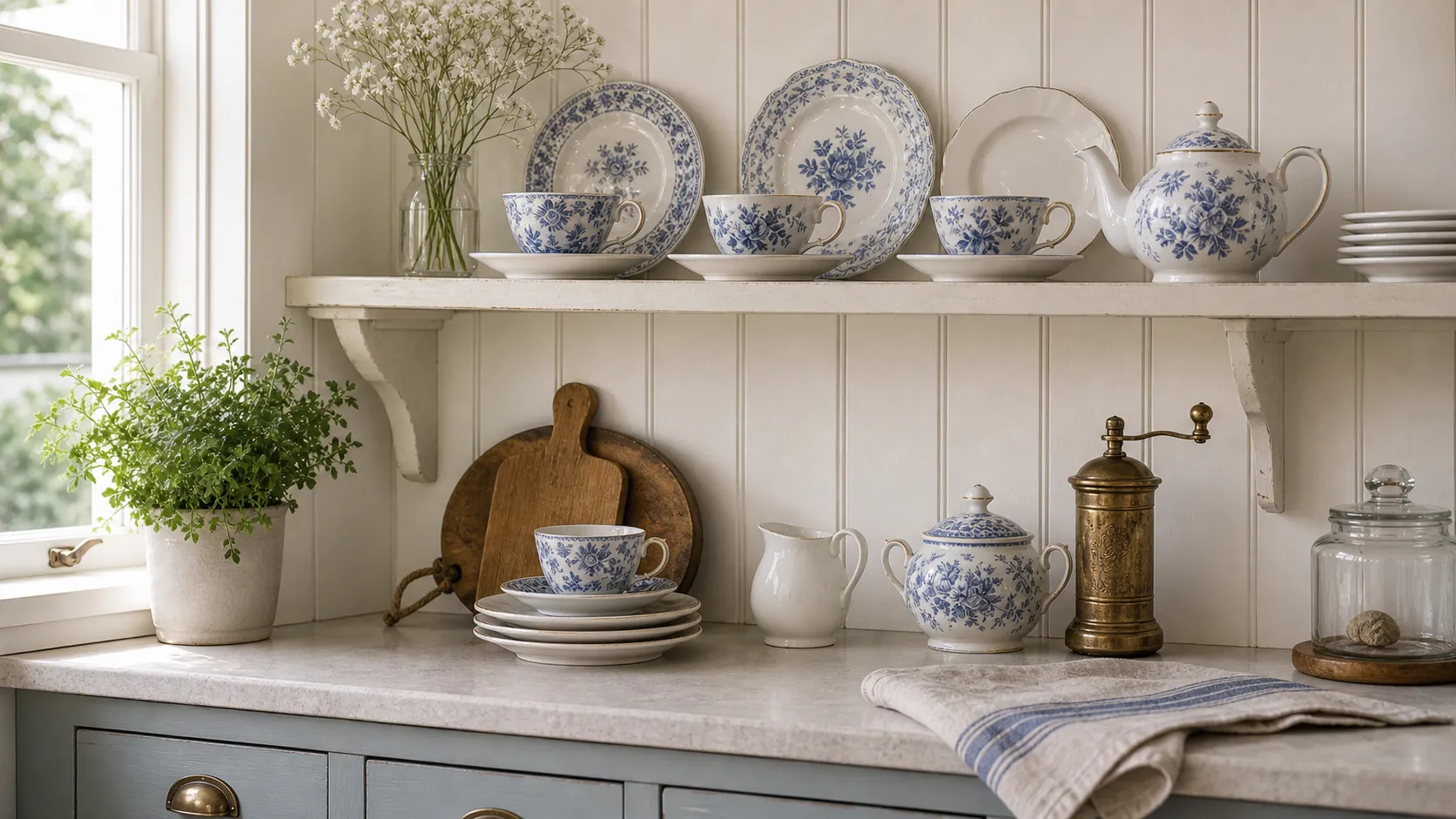 Blue and white teacup display on a cottage kitchen shelf