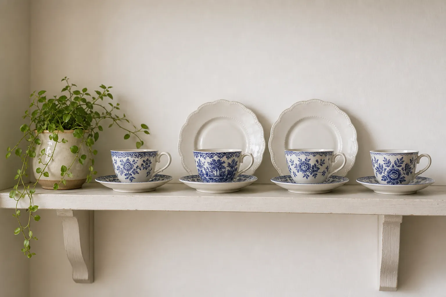 Edited blue and white teacup open shelf display
