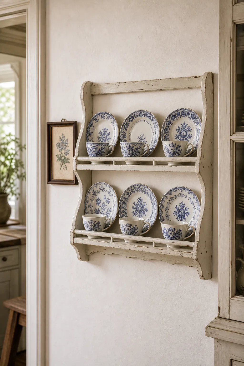 Blue and white teacups on a wall rack with saucers