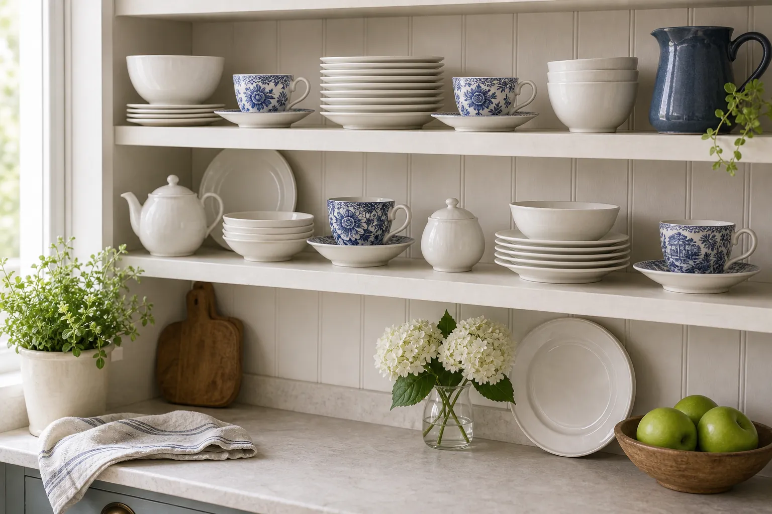 Blue and white teacups mixed with plain white dishes