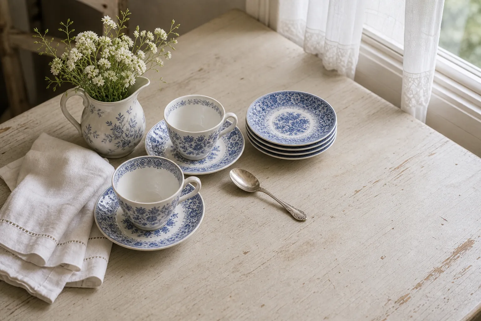 Blue and white teacup table vignette with linen and flowers