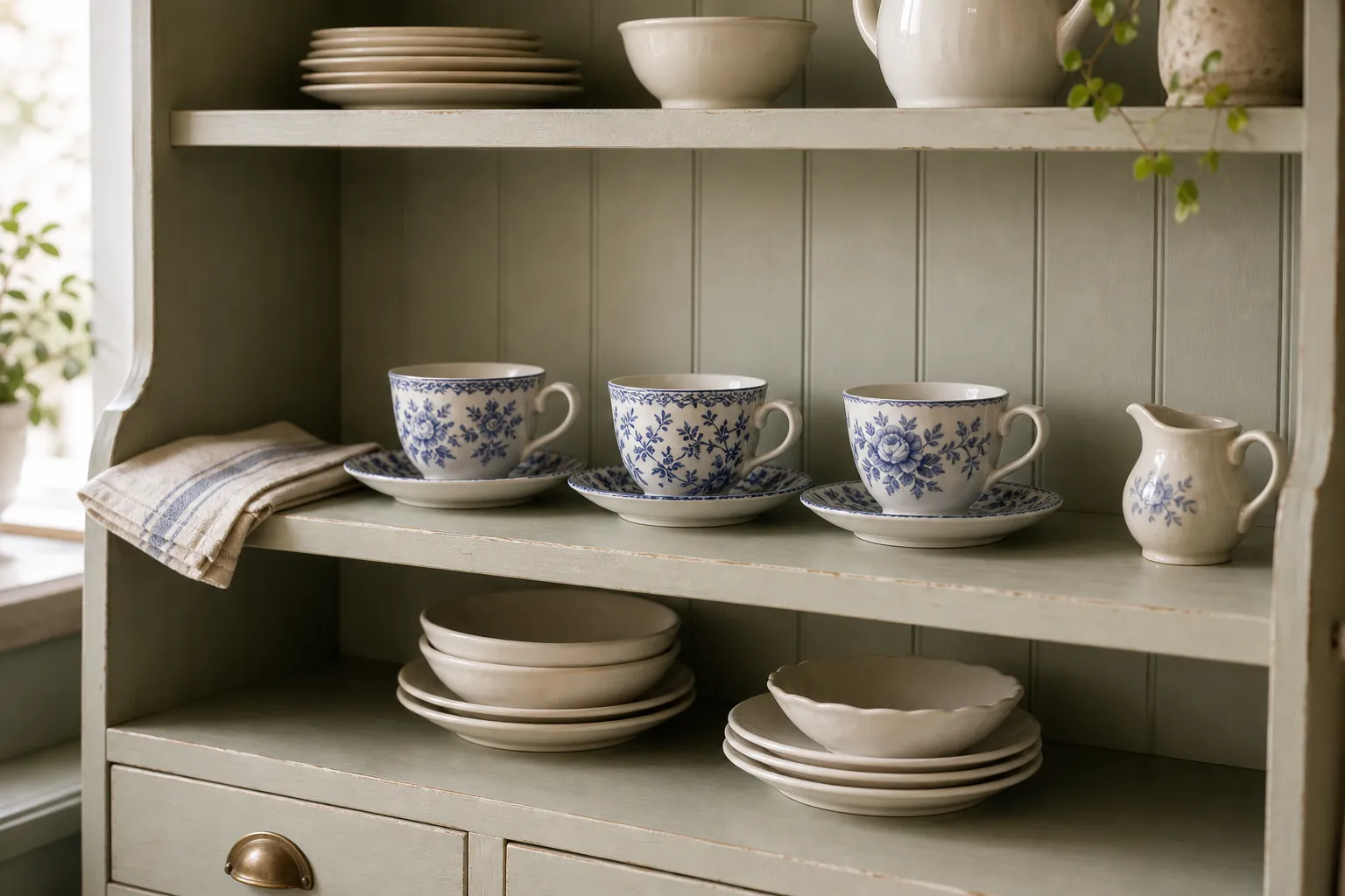 Small blue and white teacup collection displayed with negative space