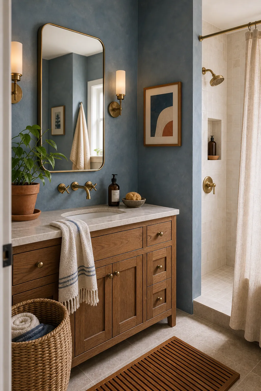 Blue boho bathroom with dusty blue plaster, warm wood vanity, cream tile, terracotta accents, and woven texture