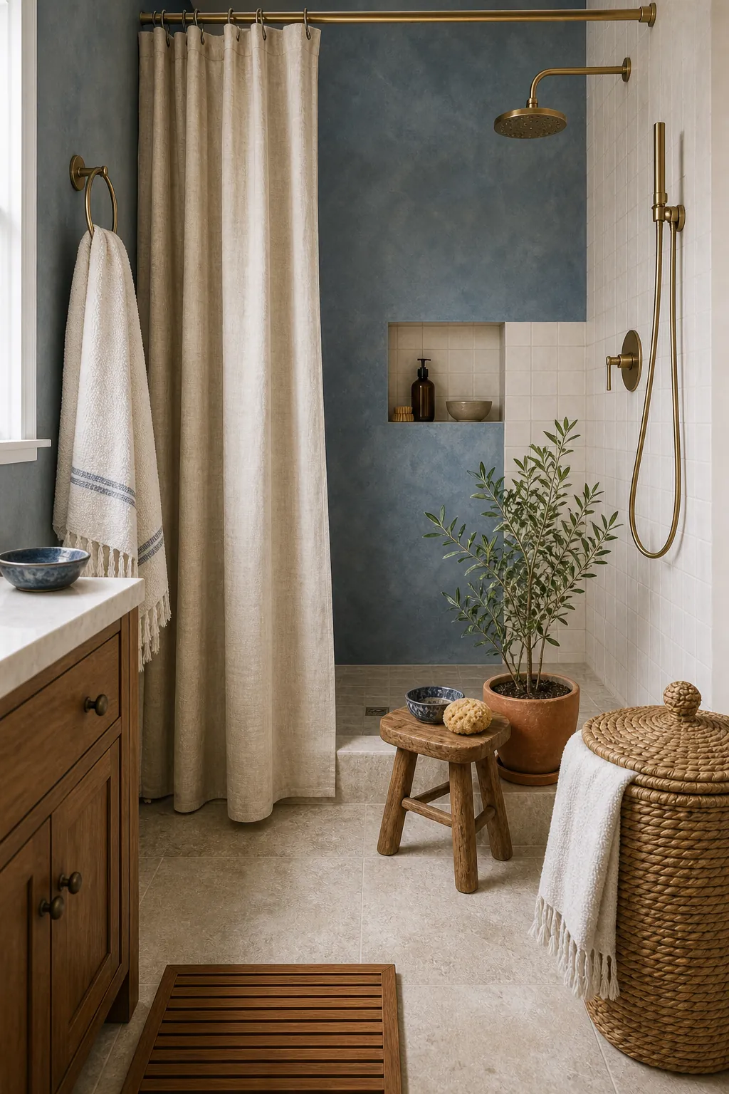 Coastal boho bathroom with dusty blue wall, linen curtain, sandy floor, terracotta pot, and wood stool