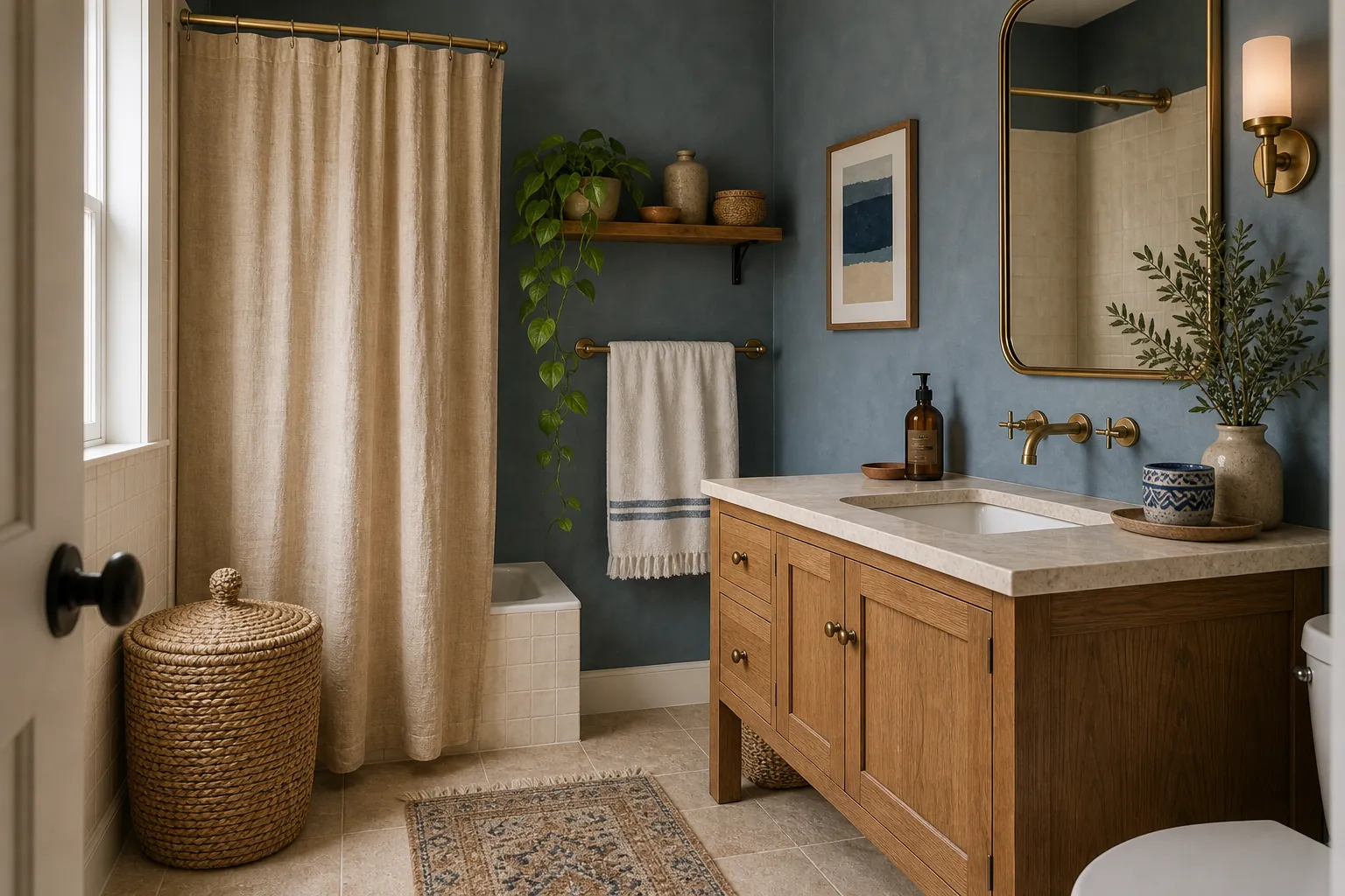 Blue and tan boho bathroom with blue-gray walls, sandy tile, oak vanity, linen, and brass