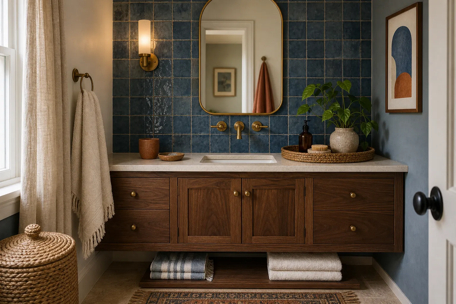 Blue and wood bathroom vanity with indigo tile, walnut cabinet, brass fixtures, cream towels, and woven tray