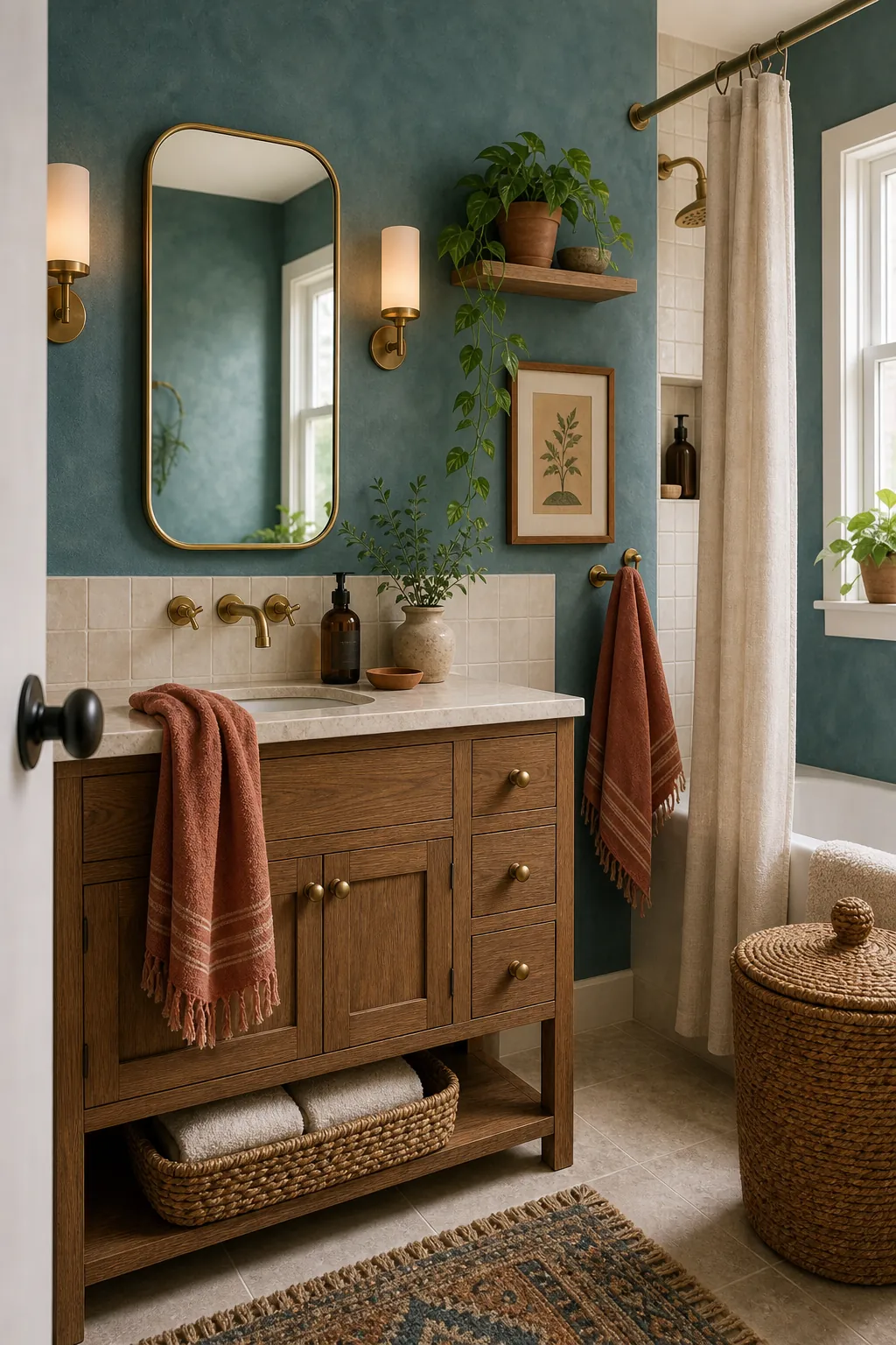 Blue green boho bathroom with teal plaster, cream tile, brass mirror, wood vanity, and rust towel