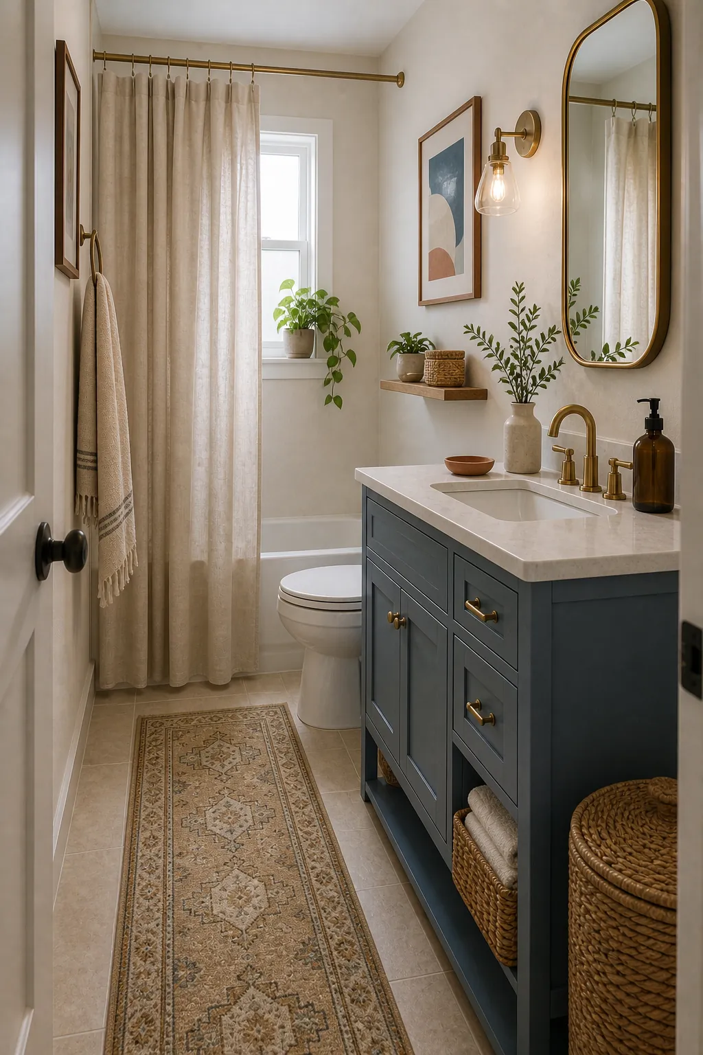 Small blue guest bathroom with blue-gray vanity, cream walls, woven basket, brass hardware, and tan runner