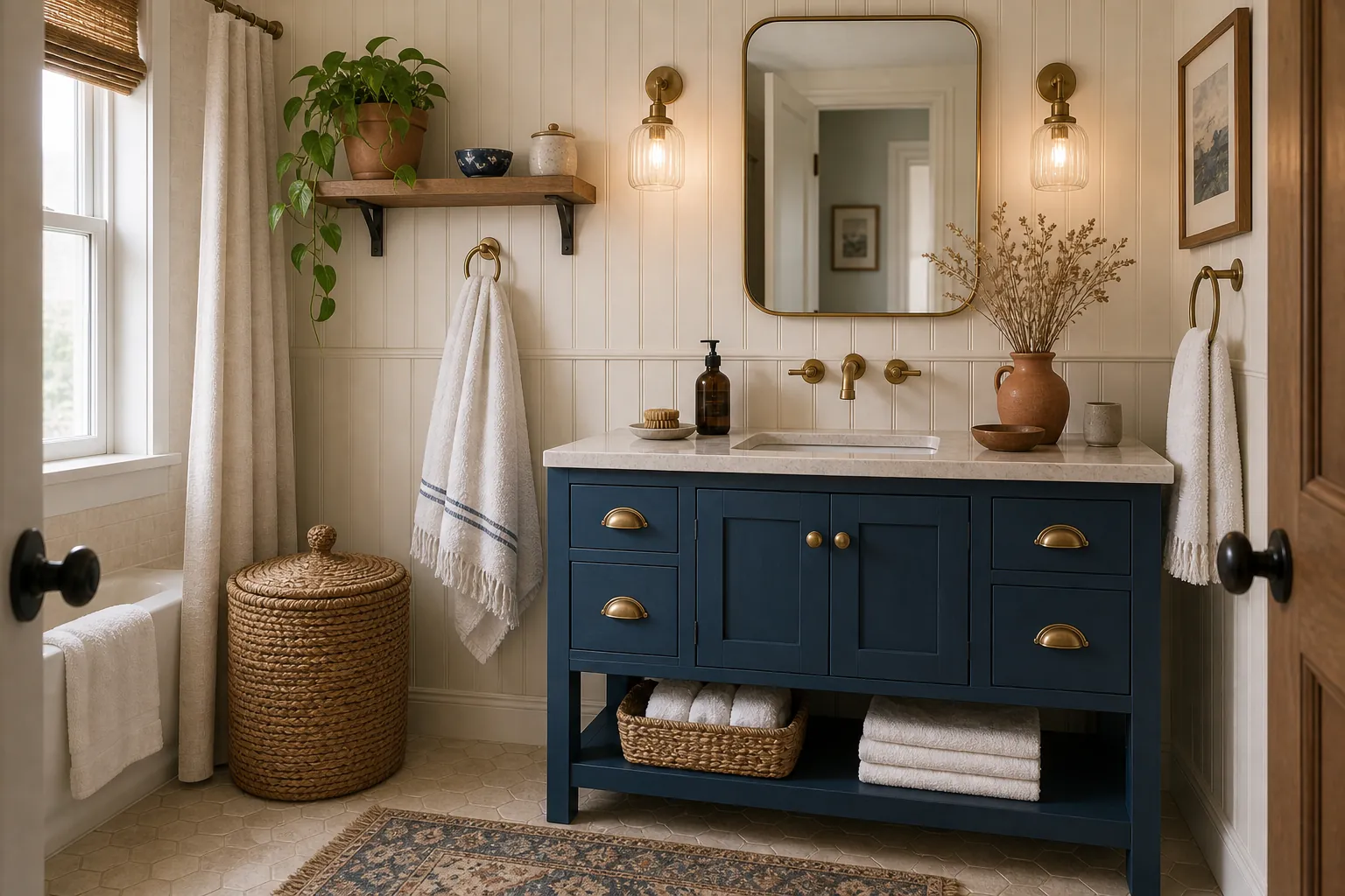 Blue farmhouse boho bathroom with beadboard, navy vanity, brass mirror, wood shelf, cream tile, and woven hamper