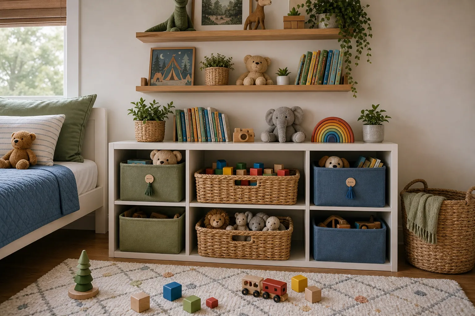 Individual toy bins and shared baskets organized on a low shelf in a small kids bedroom