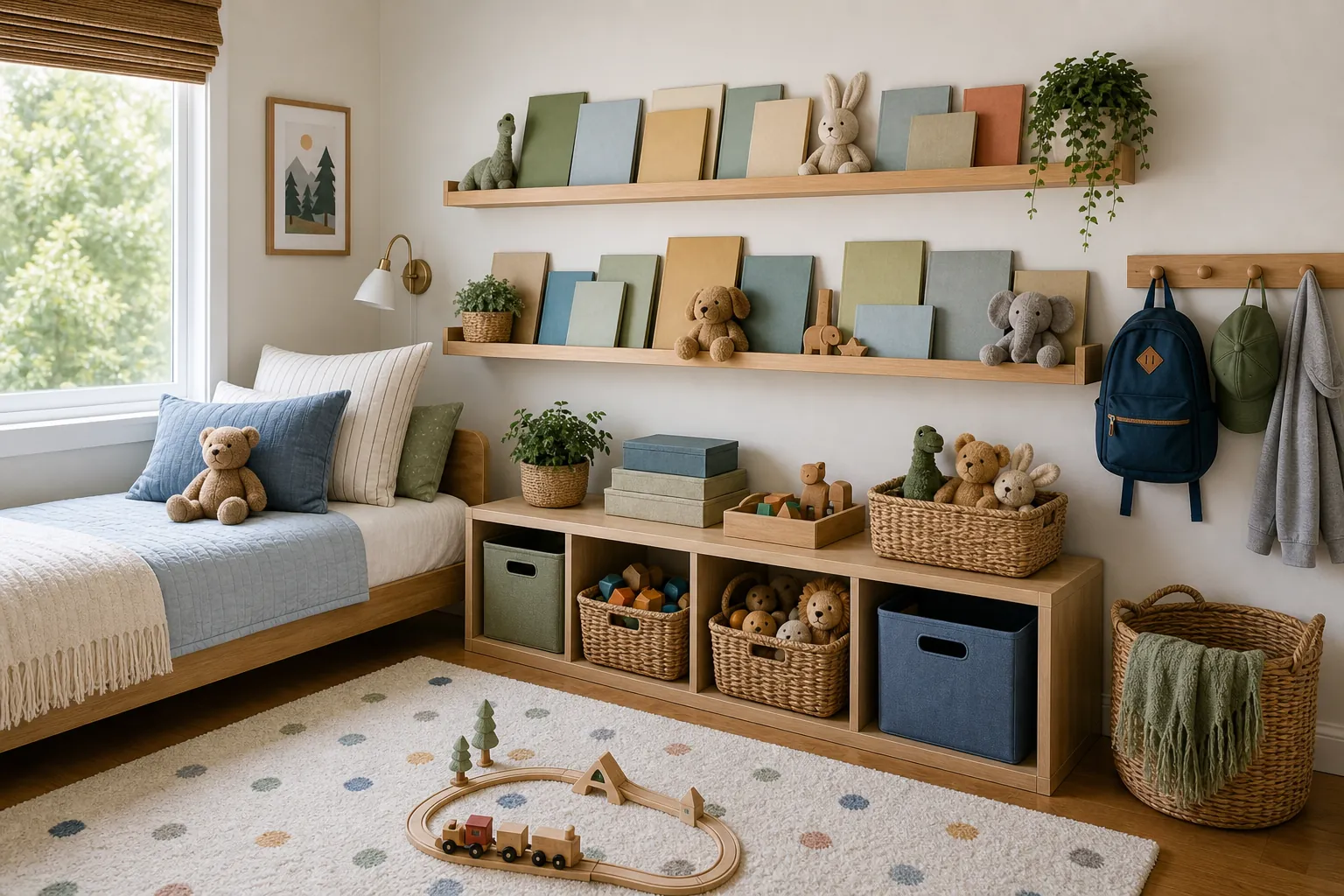 Wall shelves for shared books and toys above low storage in a small kids bedroom