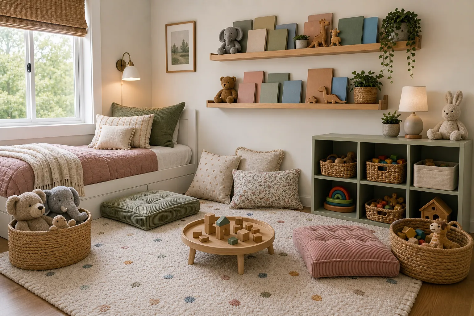 Shared play corner with baskets, floor cushions, and toy storage in a small kids bedroom