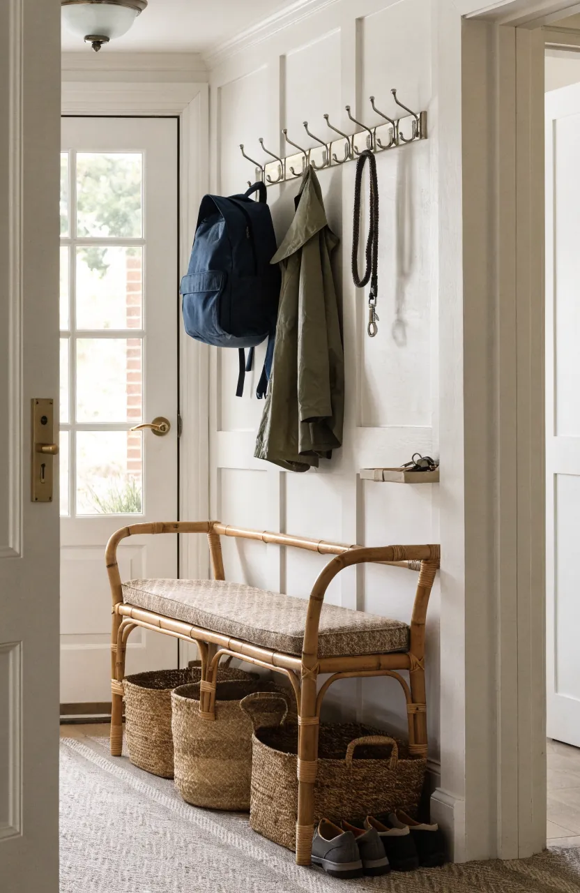 Family hallway drop zone with bench hooks baskets and natural woven storage