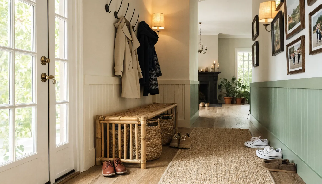 Warm family hallway with natural storage, hooks, runner, and organized everyday drop zone