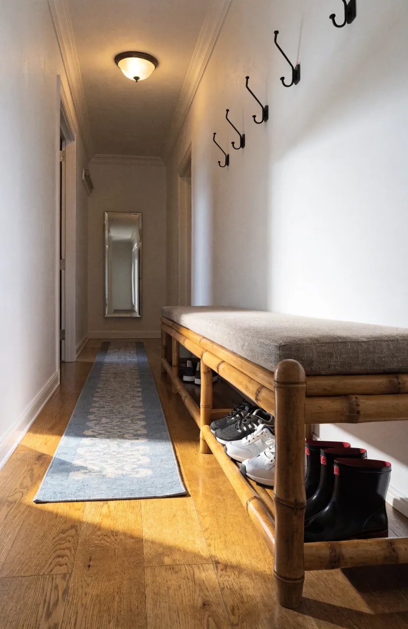 Narrow family hallway with a bamboo bench and organized shoe storage
