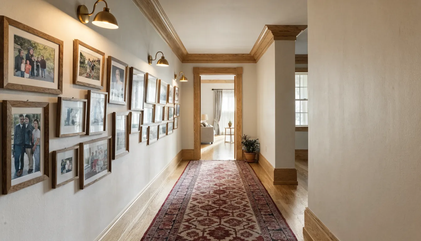 Long family hallway with a patterned runner warm lighting and gallery wall