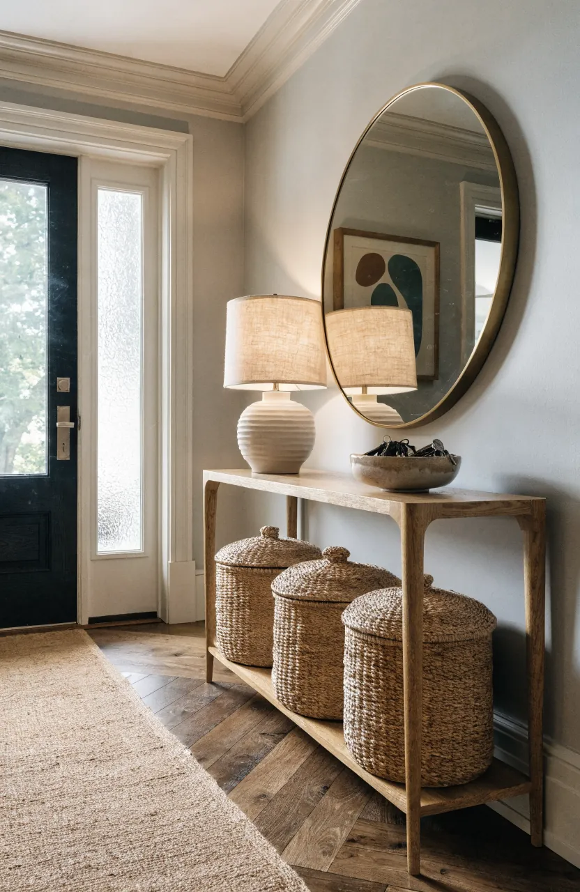 Family entryway hallway with mirror slim console baskets and warm natural textures