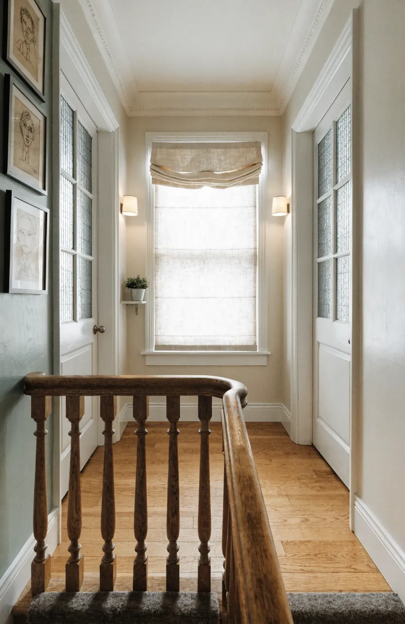 Upstairs hallway landing with family art warm sconces and clear walking space