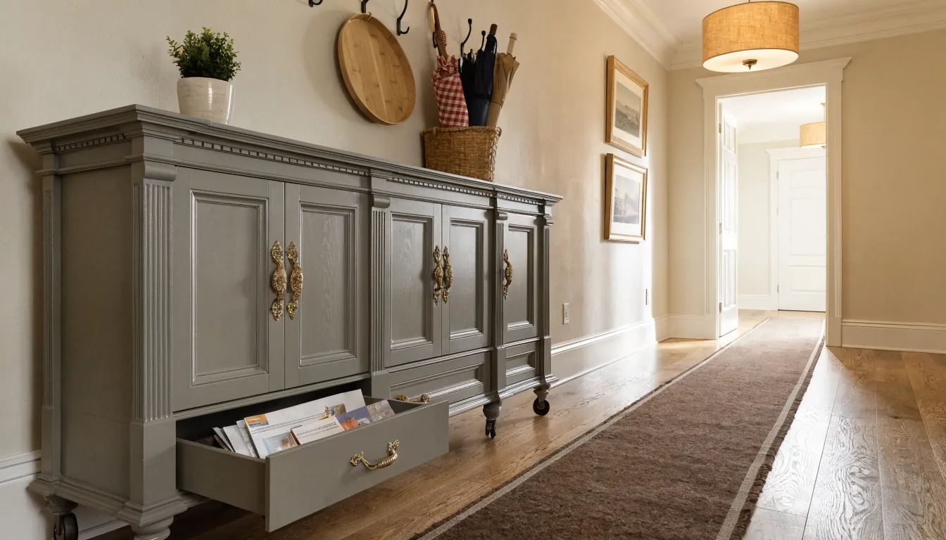 Wide family hallway with closed storage cabinet hooks and tidy everyday organization