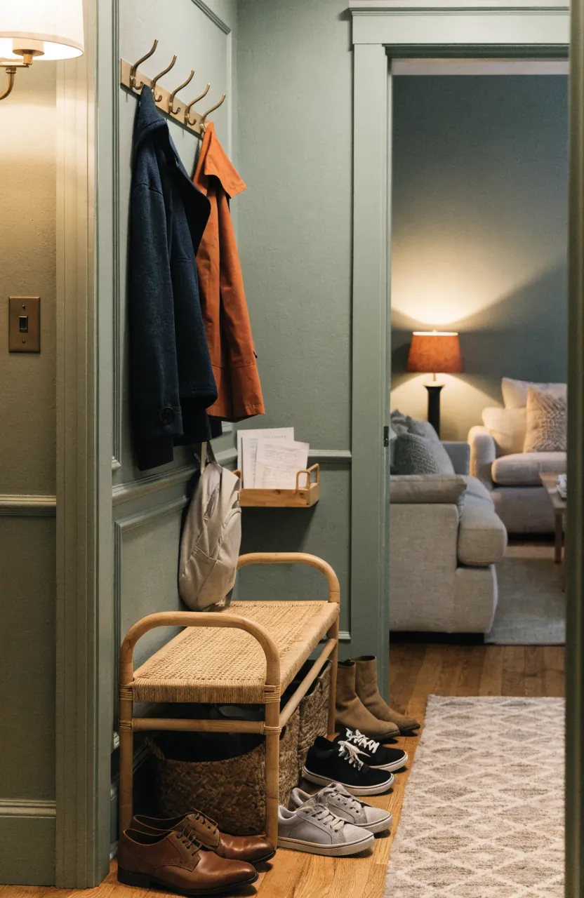Family hallway evening reset with hooks baskets shoes and warm lighting