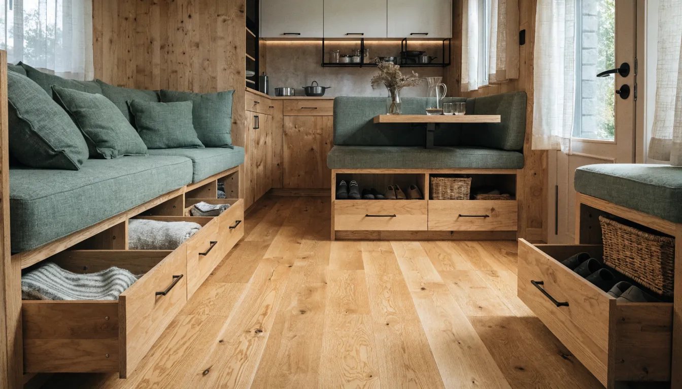 Tiny house interior with built in under seat storage in the living dining and entry zones