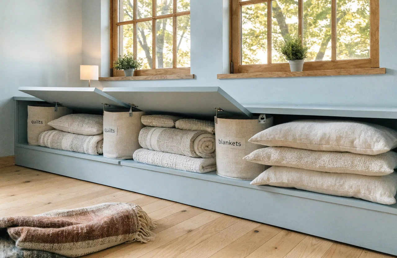 Tiny house window seat with deep hidden storage for seasonal blankets and bins