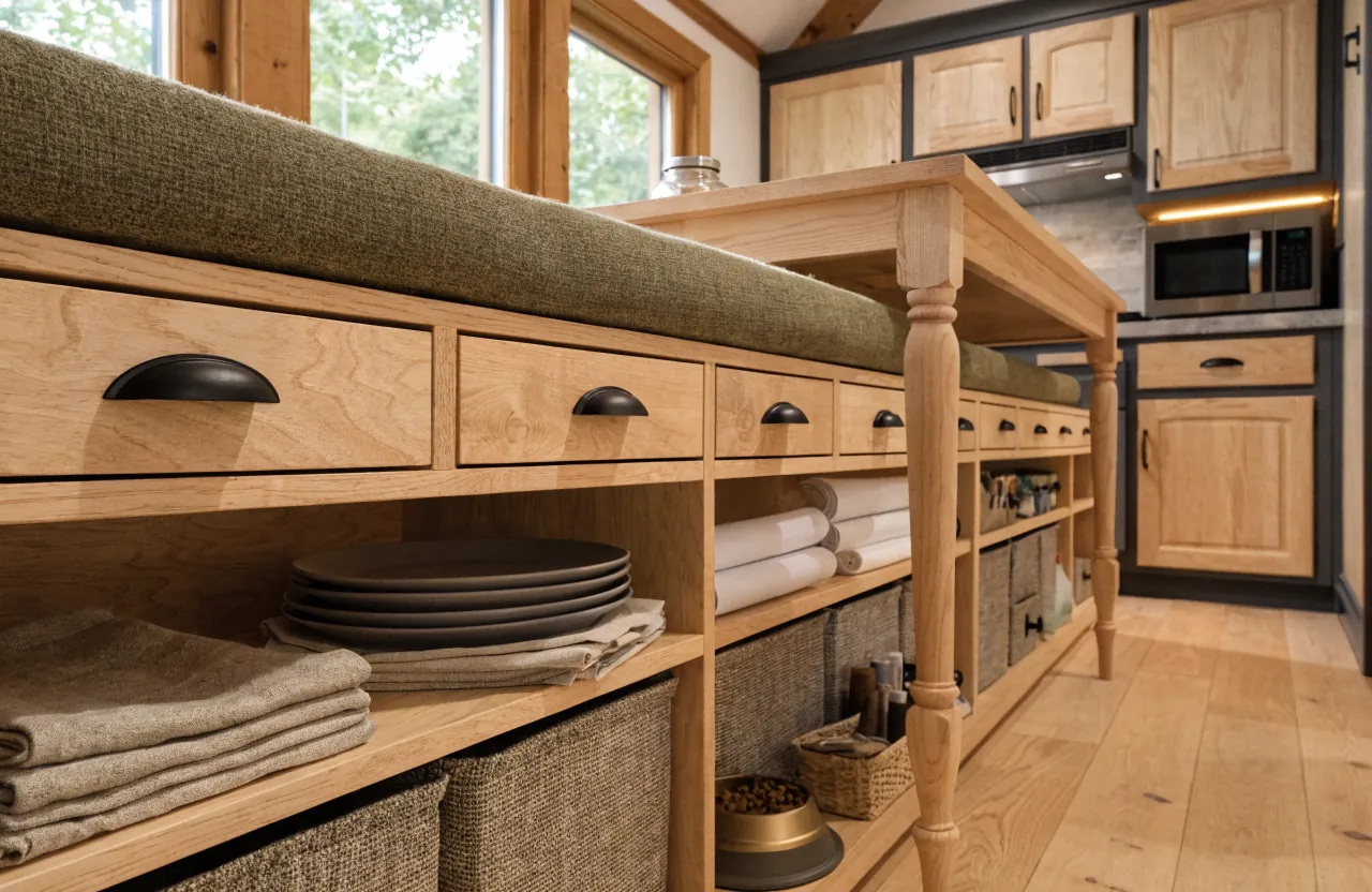 Compact dining bench storage with labeled drawers and cubbies in a tiny home