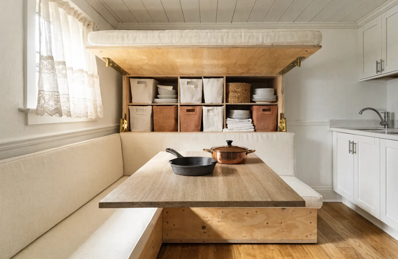 Tiny house dining banquette with lift up under seat storage and organized drawers