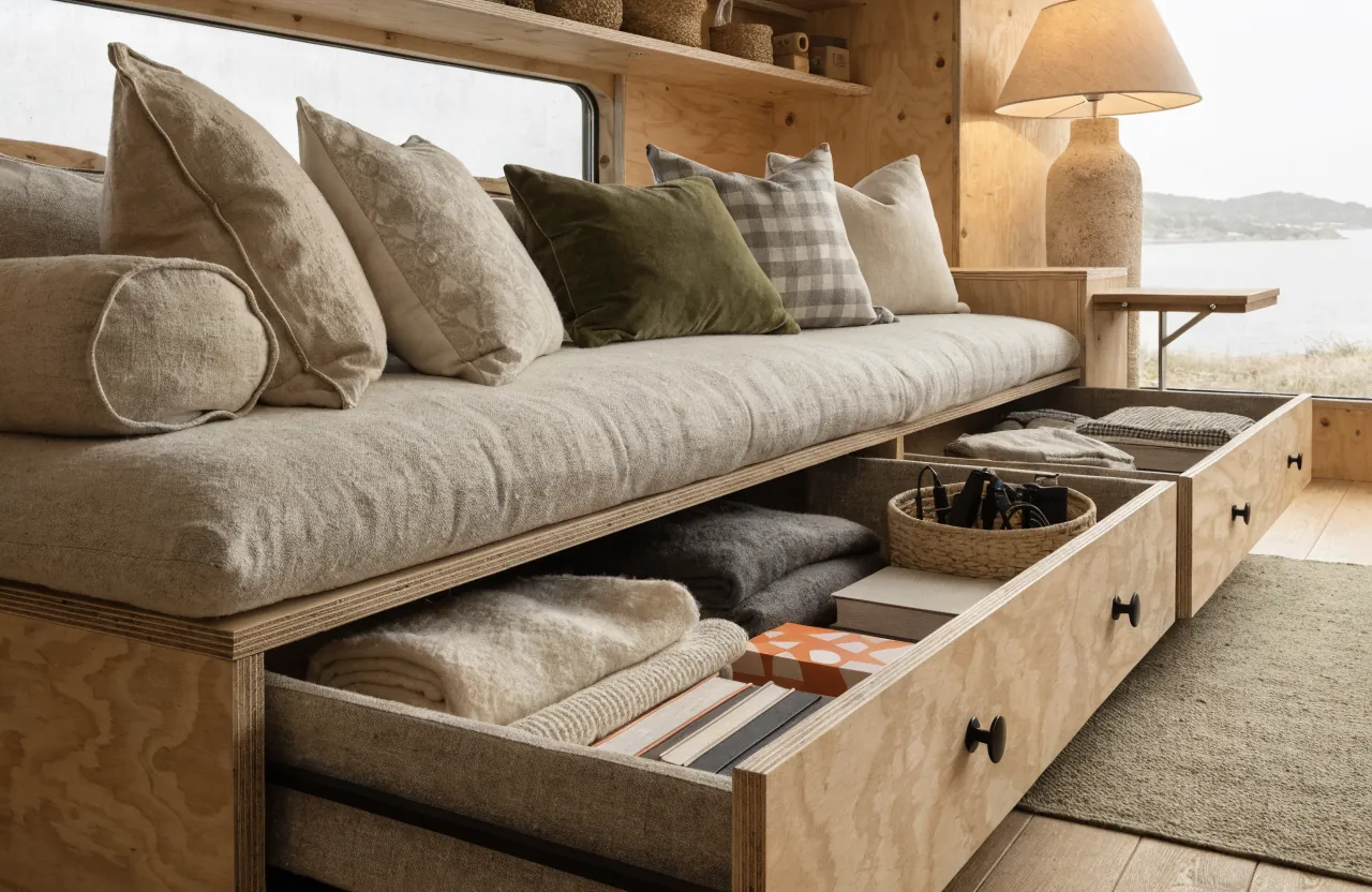 Tiny house sofa with under seat drawers for blankets books and daily living items