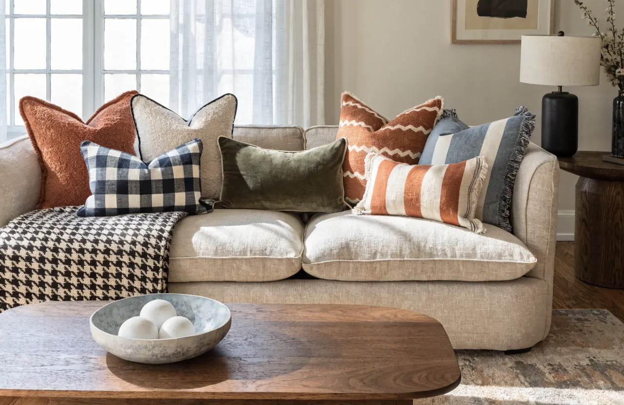 A sofa styled with decorative pillows in mixed textures, patterns, and color accents