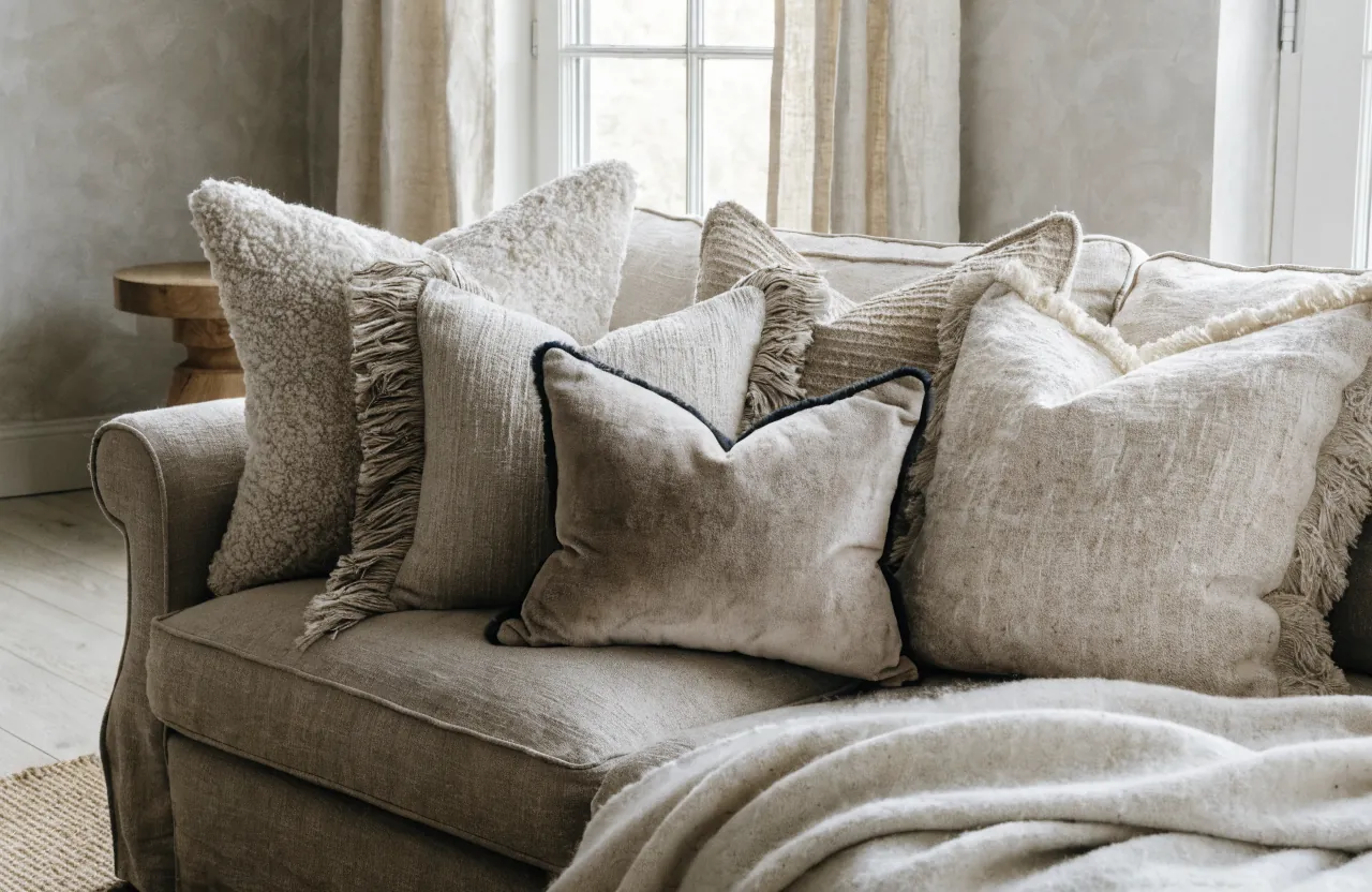 Neutral sofa with boucle, linen, velvet, and woven textured pillows