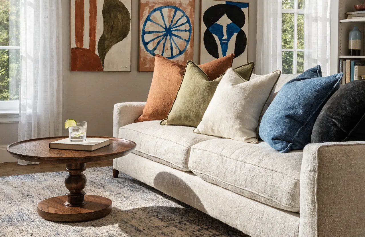 Decorative pillows arranged around a room palette of terracotta, olive, ivory, and blue