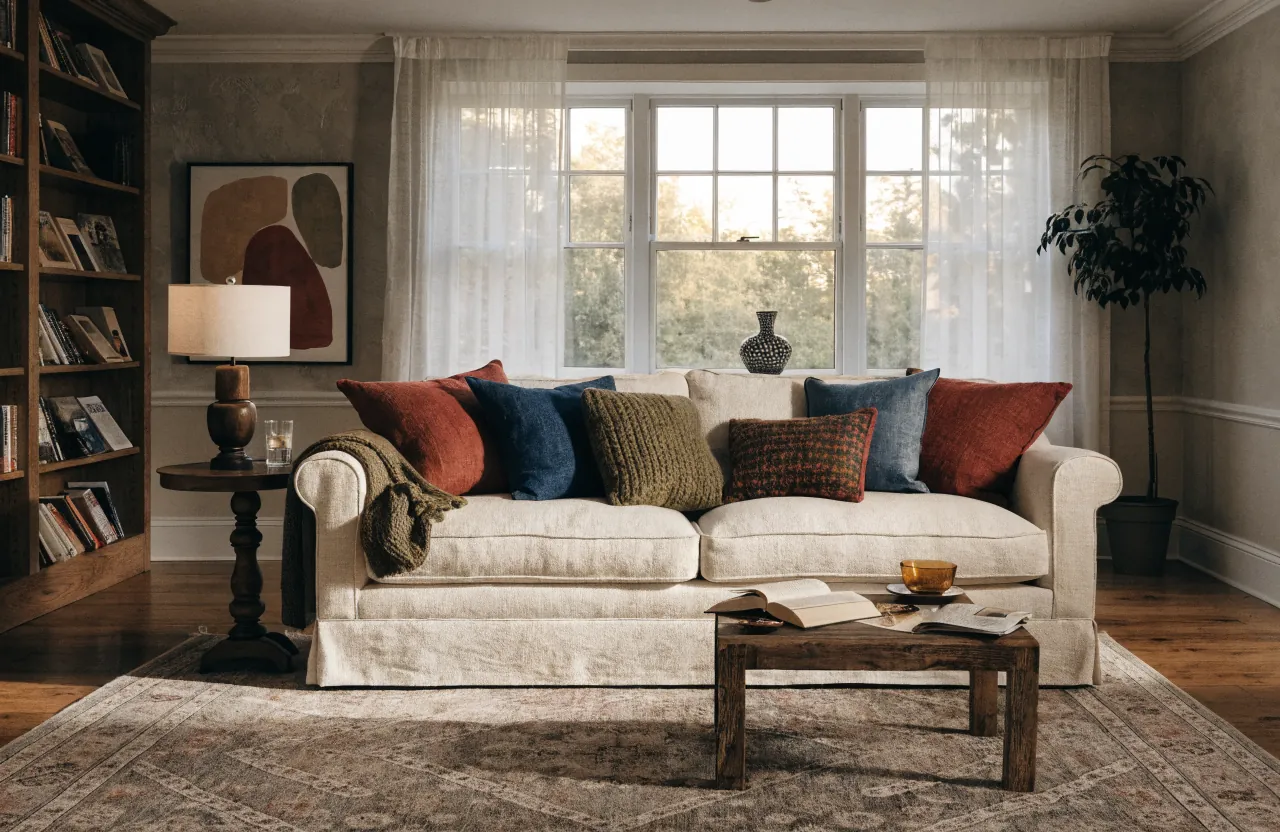 Colorful pillows on a sofa with accent colors repeated in art, books, and a throw blanket