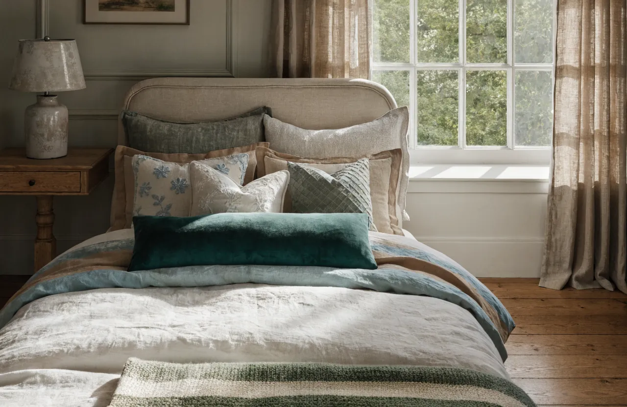 Layered bedroom pillows with textured shams, patterned accents, and a long lumbar pillow