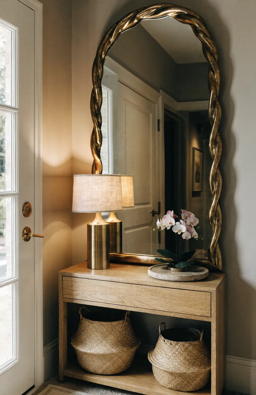 Glam entryway mirror with brass lamp matte wall and woven storage textures