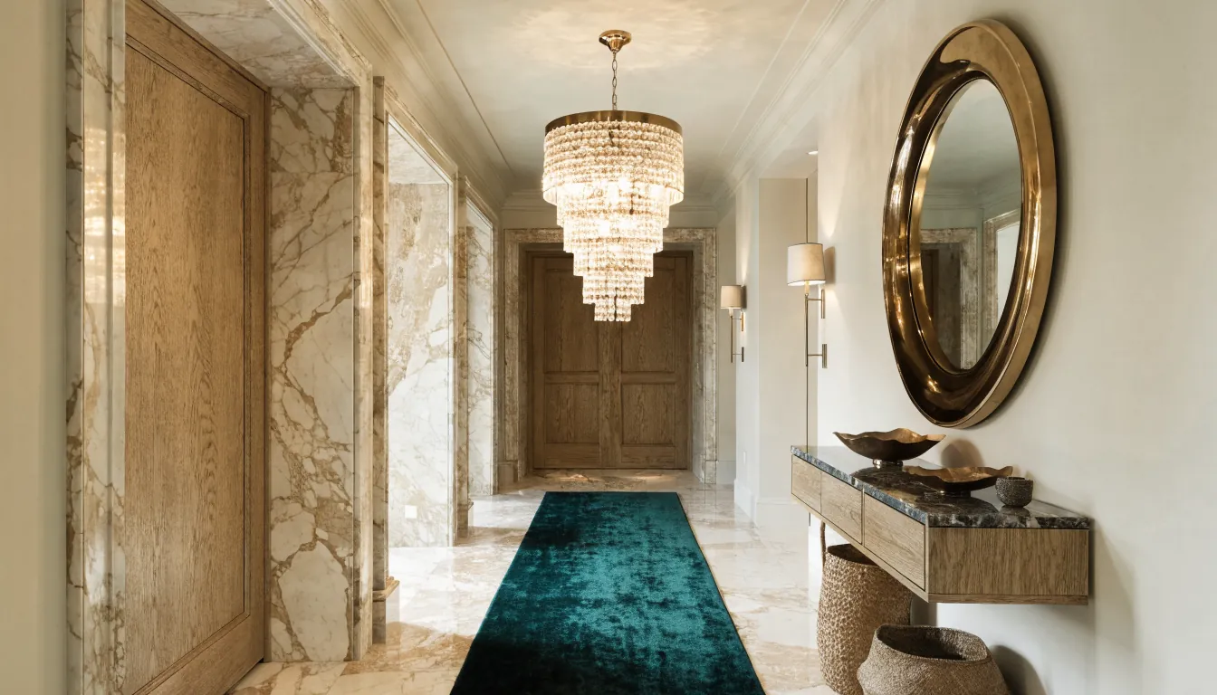 Elegant glam hallway entrance with chandelier, mirror, runner, and warm luxury decor