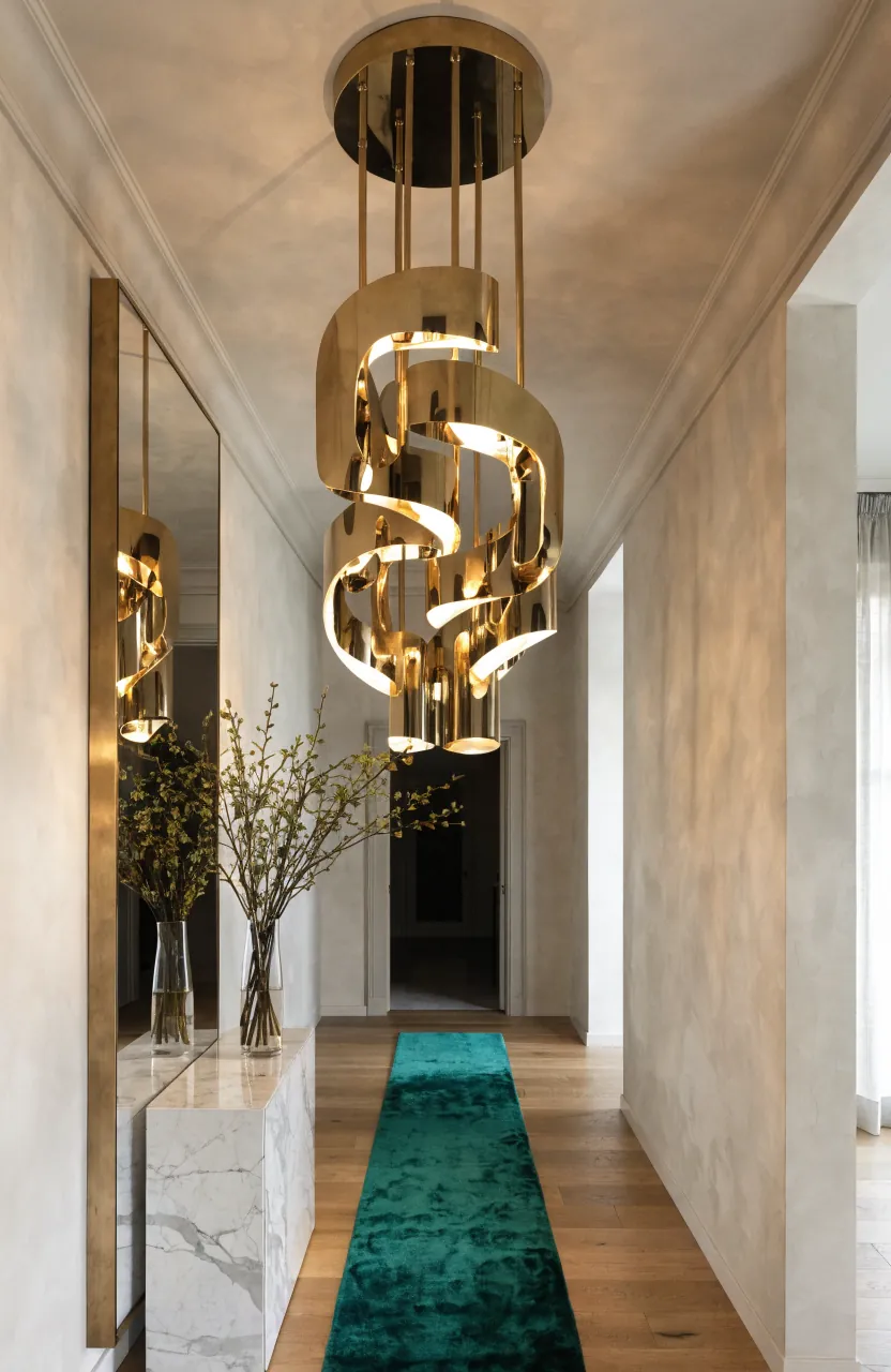 Glam hallway with statement chandelier marble console and warm metallic accents