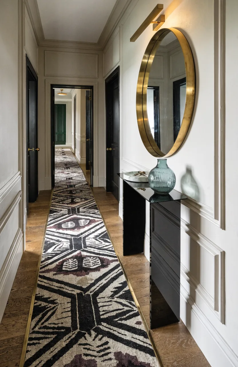 Narrow glam hallway with slim console brass mirror and elegant entryway decor
