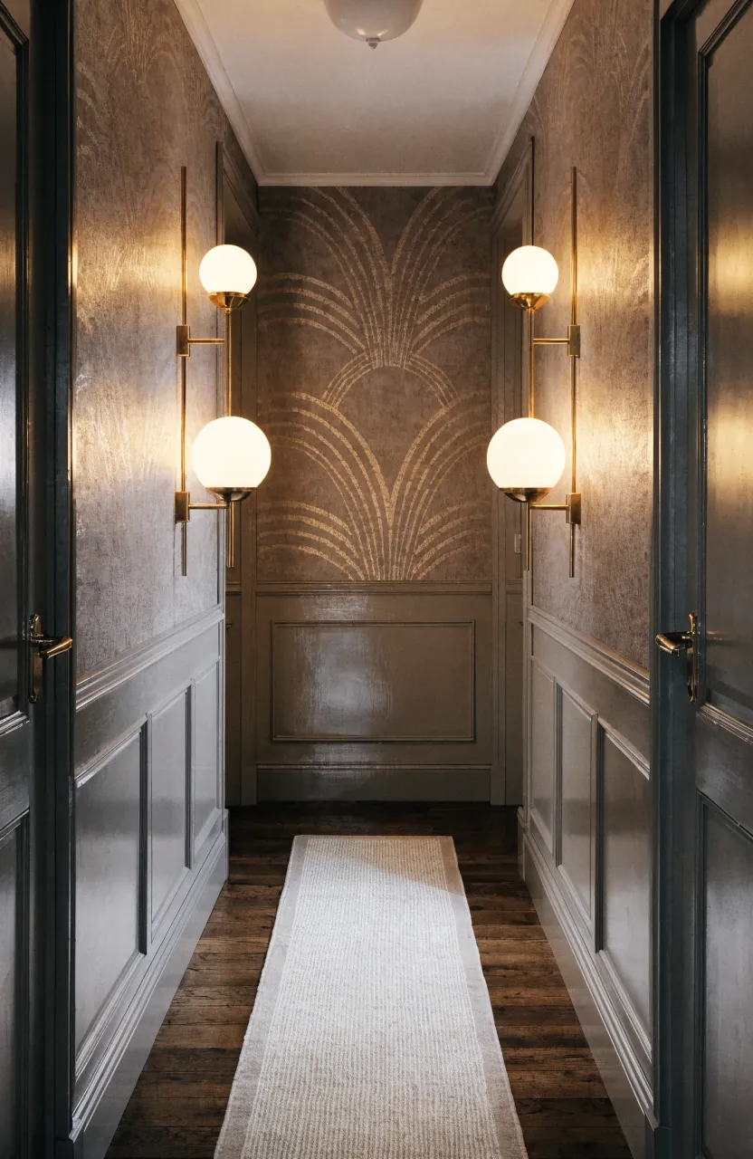 Glam hallway with wallpaper above paneling brass sconces and polished trim