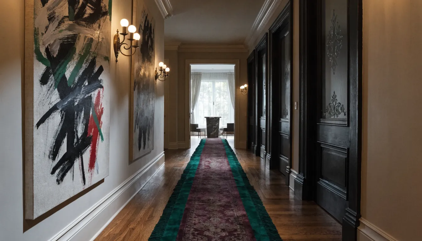 Long glam hallway with jewel tone runner framed art and warm wall sconces