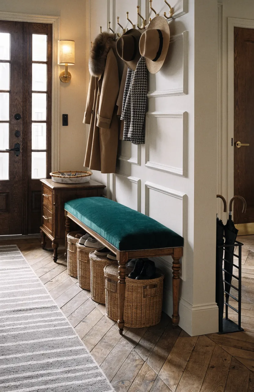 Glam hallway storage bench with velvet cushion brass hooks and matching baskets