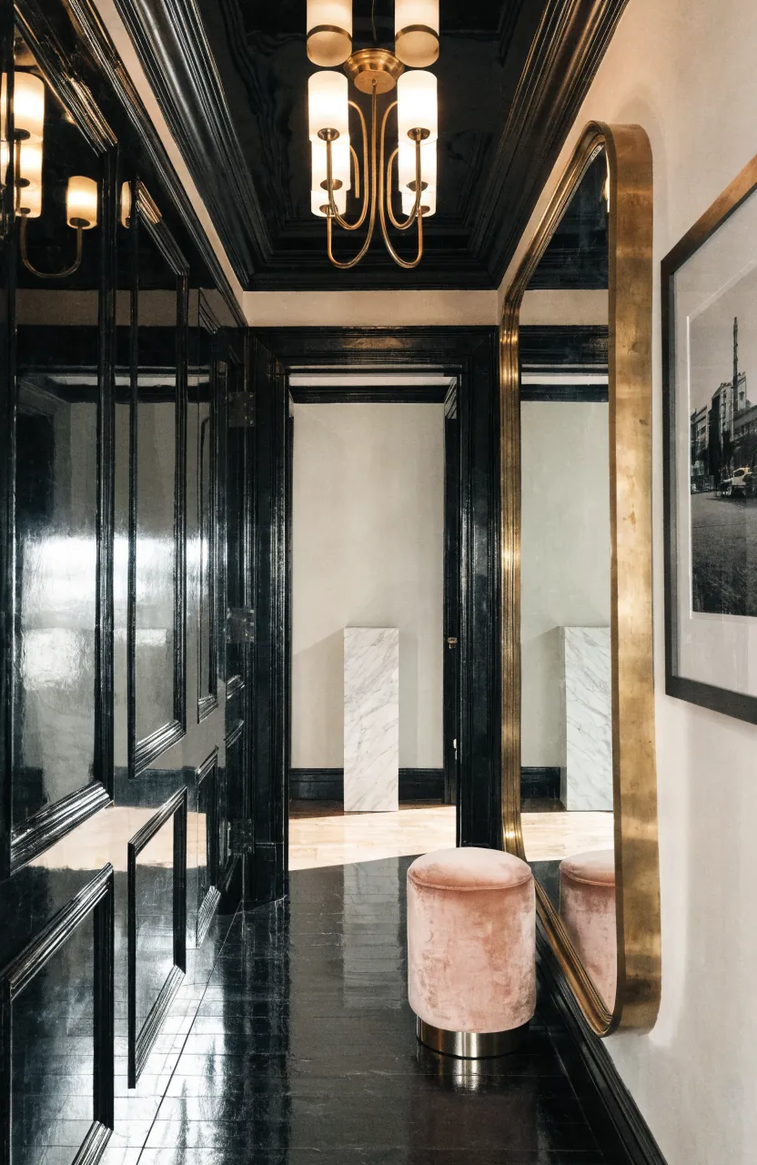 Hollywood glam hallway with velvet stool black doors brass light and elegant mirror