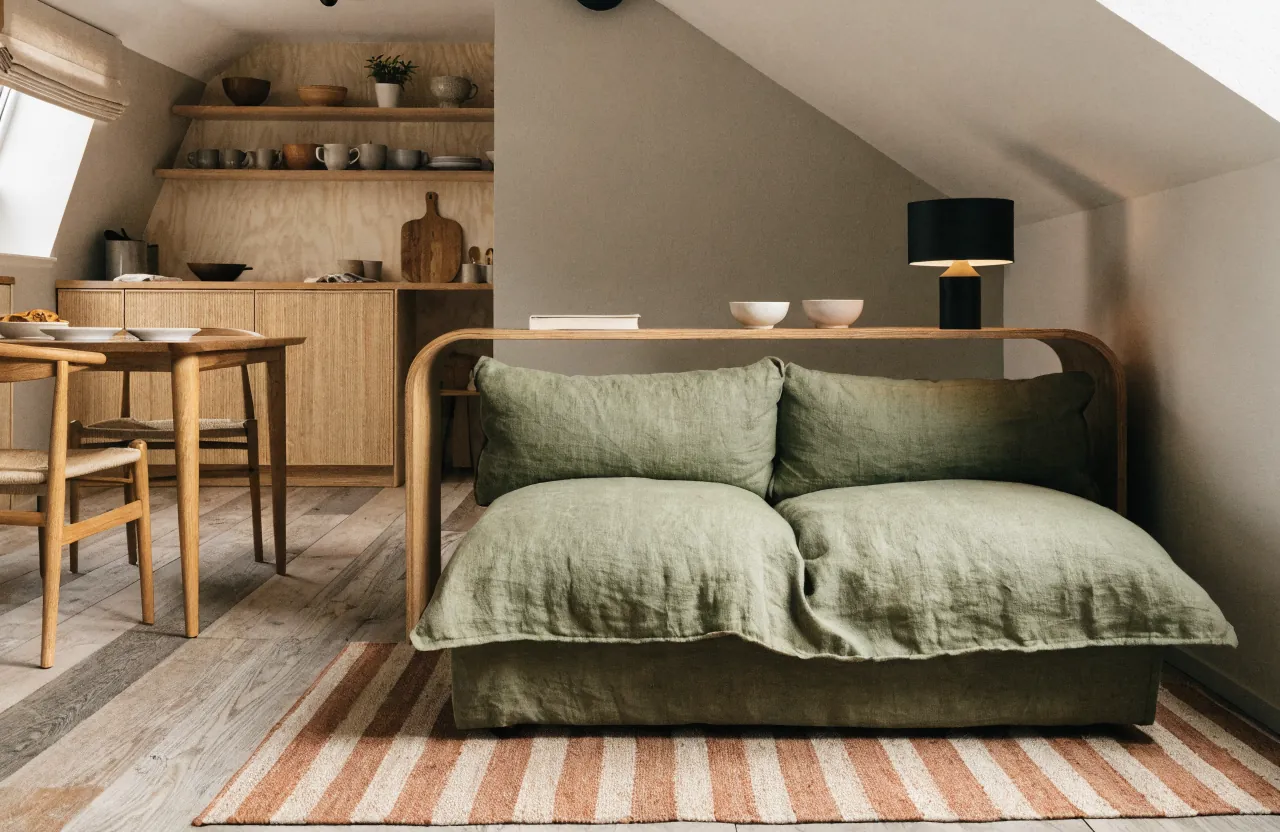 Tiny house sofa placement creating a separate lounge zone without a wall