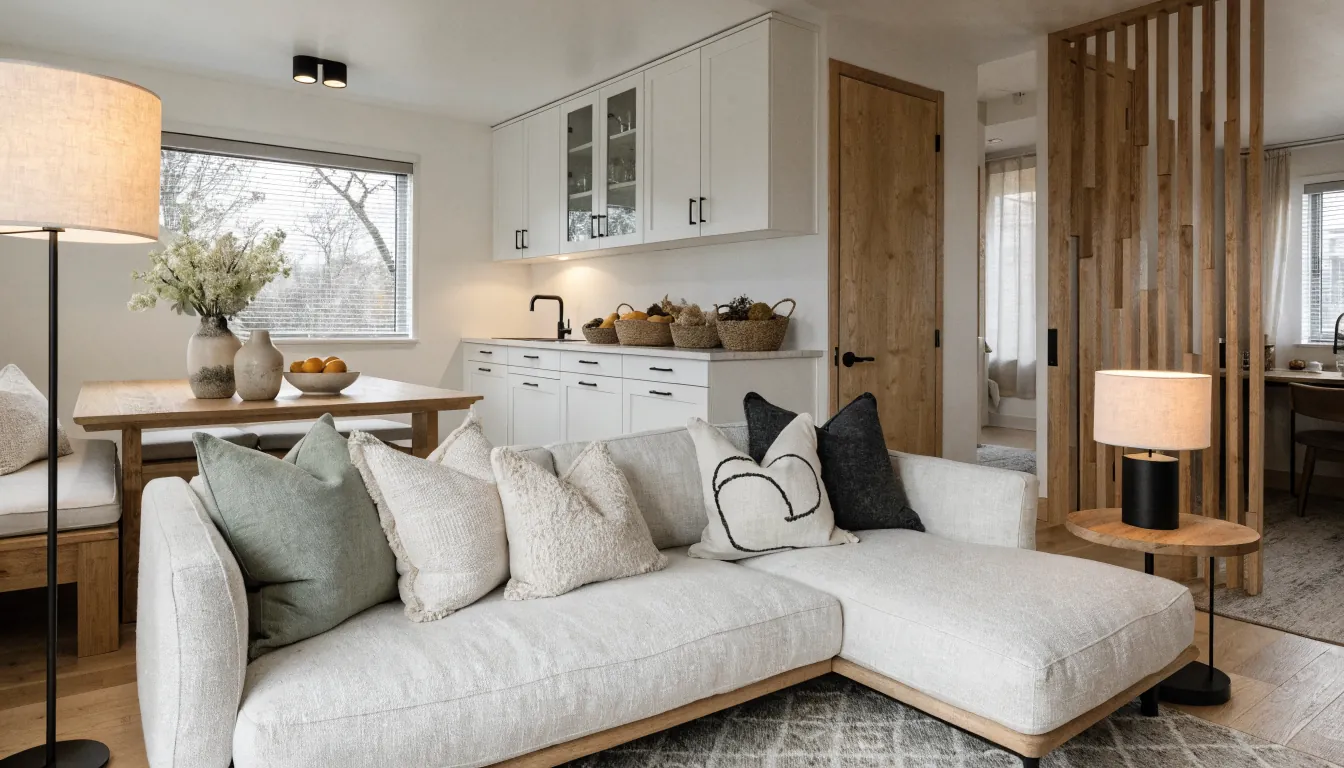 Tiny house interior with clear room zones for living dining kitchen work and sleep